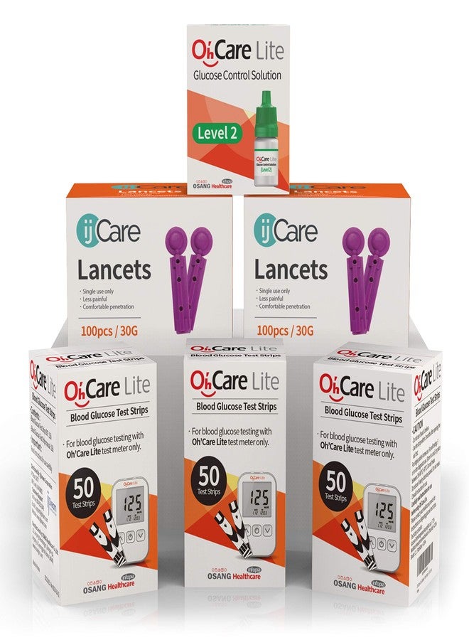 آي جيه كير جهاز قياس نسبة السكر في الدم Oh'Care Lite - 150 شريط اختبار جلوكوز، 200 إبرة وخز، ومحلول تحكم واحد لاختبار الدم - مستلزمات دقيقة وبأسعار معقولة لمرضى السكري - Image 1
